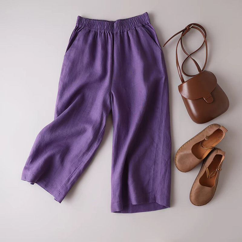 Pure Linen Petite Wide-Leg Pants for Women, Summer Thin Style, Elastic Waist, Cool and Height-Enhancing, Straight High-Waisted Linen Cropped Pants