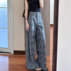 印花松紧腰慵懒风休闲裤子女夏秋季高腰直筒薄款碎花拖地阔腿长裤