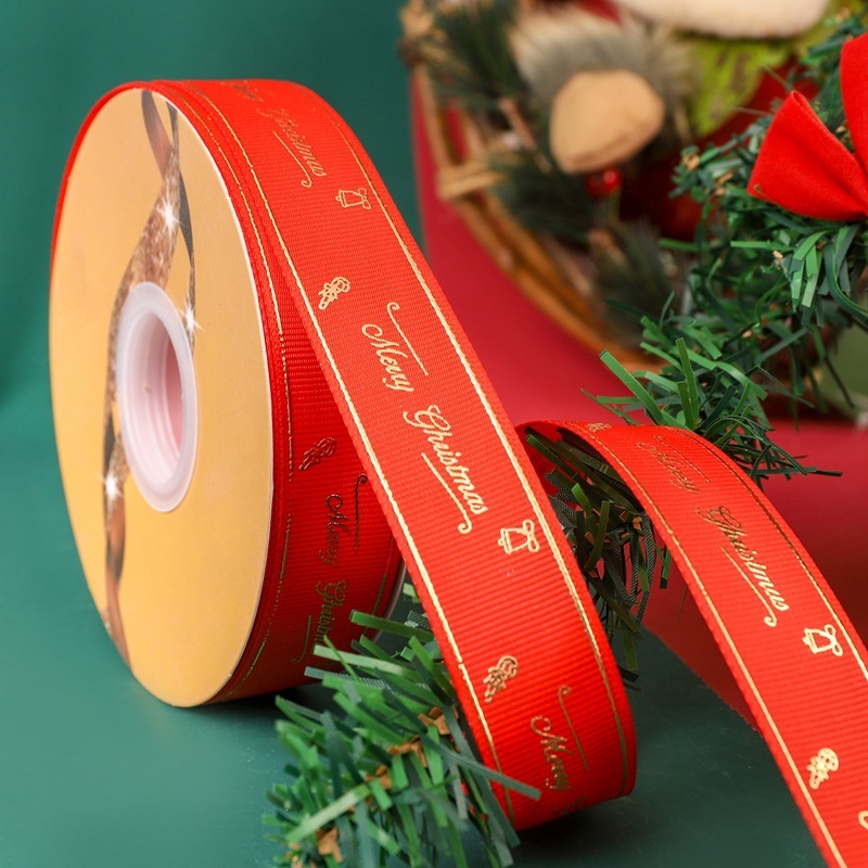 クリスマスリボン卸売 2.5cm クリスマスリボン メリークリスマス文字金箔入りリボン|undefined