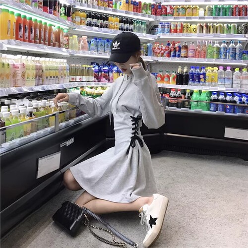 Stylish Fitted Waist Strap Long Sleeve Hooded Sweat Dress for Women, Casual Windy Spring and Autumn Design Sensory Dress for Petite Figures