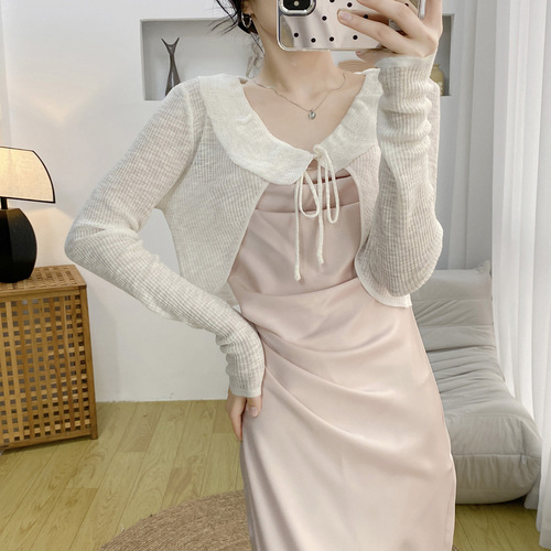 Sweet and versatile lace collar bow tie ice silk knit short open cardigan women's summer thin dress outer small shawl 