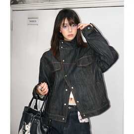 zj828美式原牛斜领牛仔外套男女秋高街硬挺宽松夹克潮牌设计感工