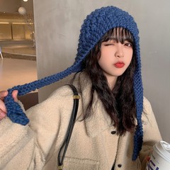 手工编织纯色长系带日系软妹毛线帽女冬天加厚保暖护耳针织雷锋帽