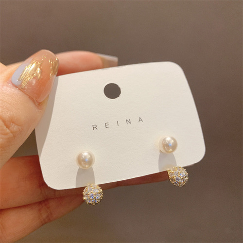 South Korea's Dongdaemun micro-paved zircon detachable earrings for front and rear wear S925 silver needle micro-paved zircon ball earrings for ladies