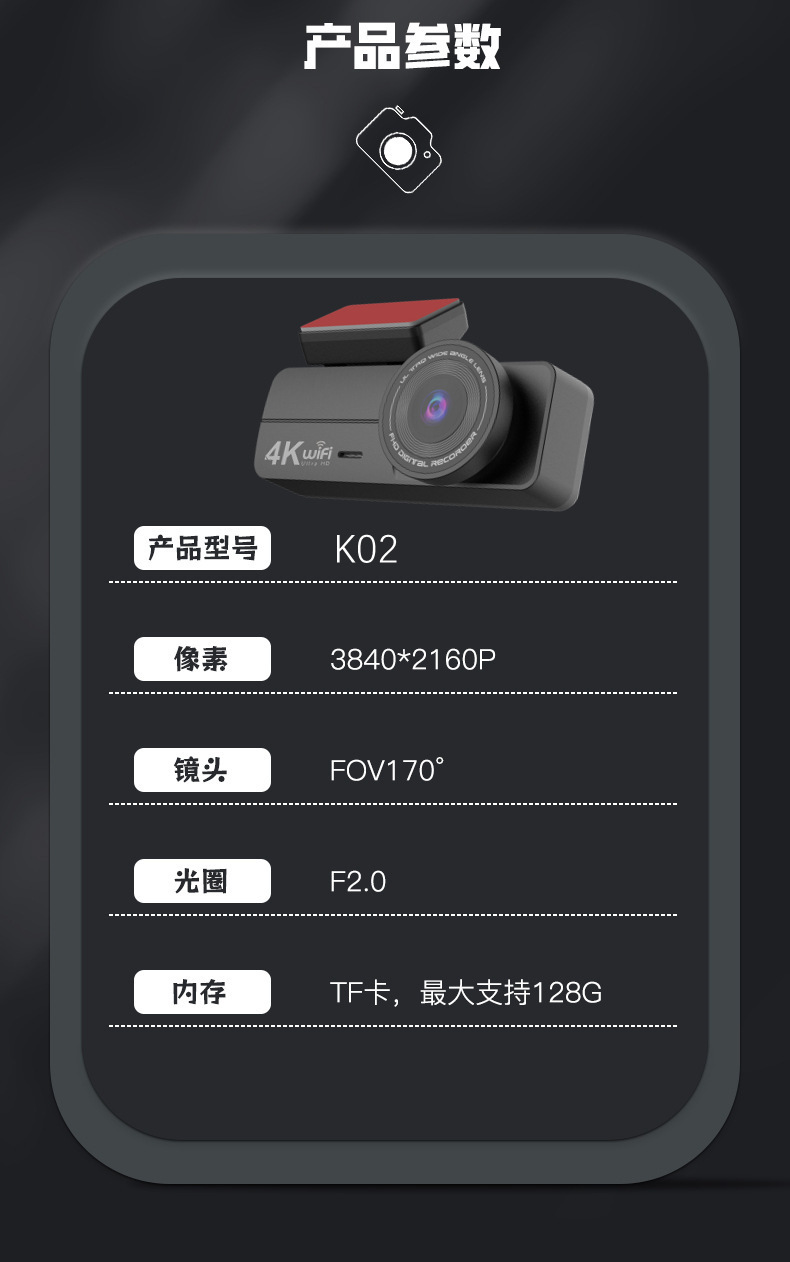 4K Dashcam, WiFi, Smartphone-Verbindung, Loop Recording