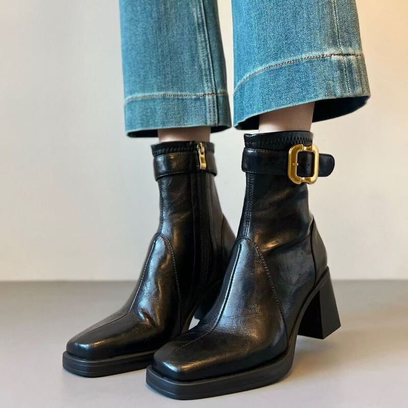 Slimming Square-Toe High-Heeled Short Boots for Women 2026 New Stylish Versatile Work Commute Chunky Heel Stretch Slim Boots Martin Boots