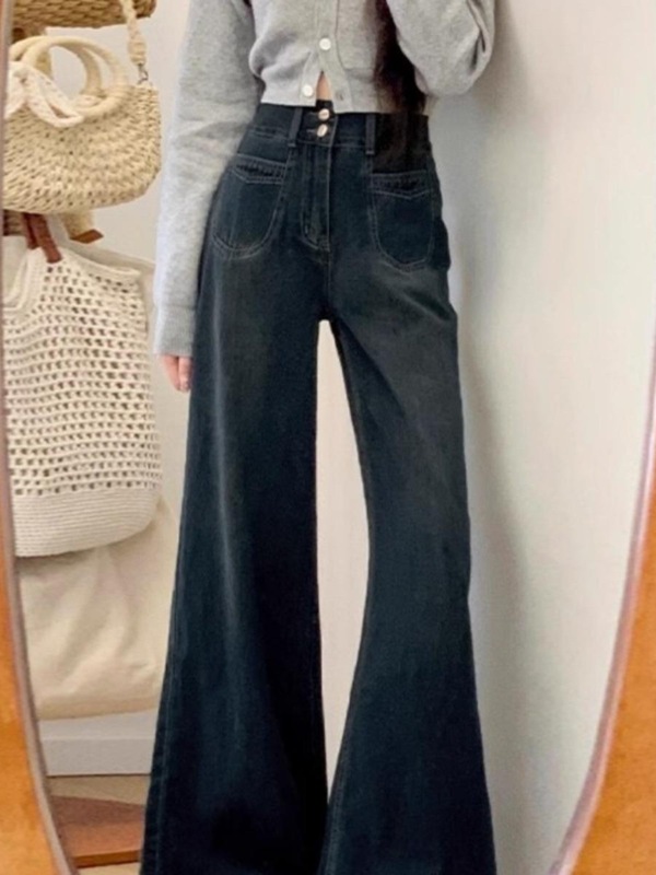 慵懒松弛感牛仔裤女新款大码胖mm梨形身材宽松显瘦深蓝色阔腿裤子|undefined