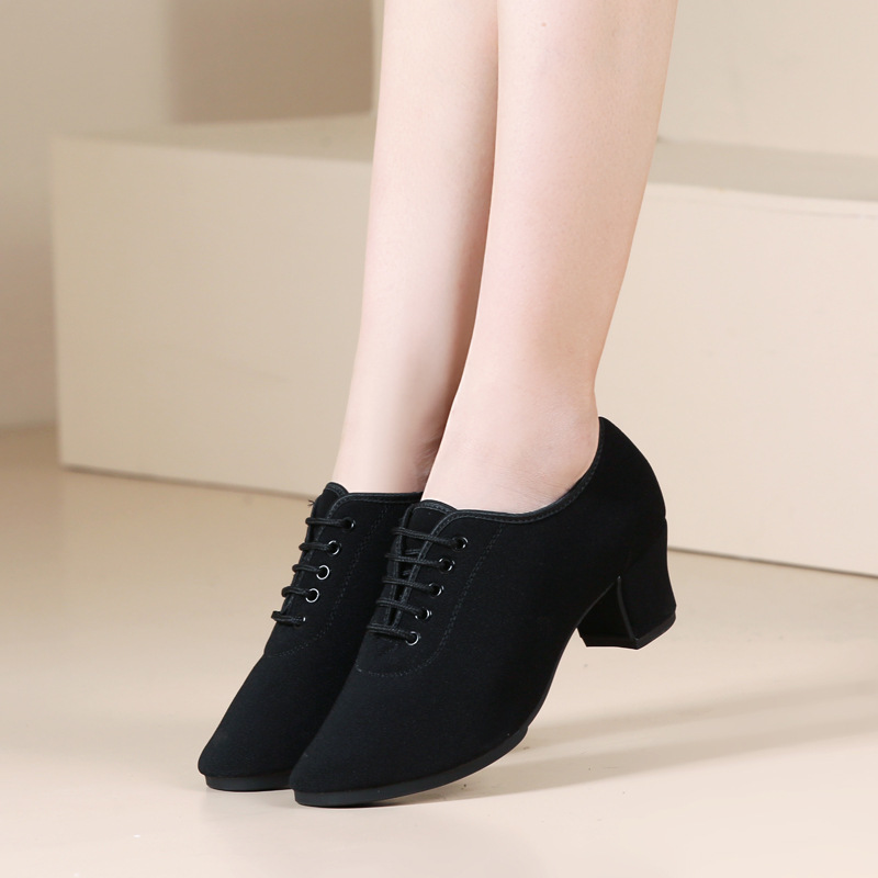 Zapatos de baile latinos profesionales, zapatos de baile de tacón medio de tela Oxford para adultos femeninos, fondo suave, práctica de baile moderno, baile social, zapatos de mujer
