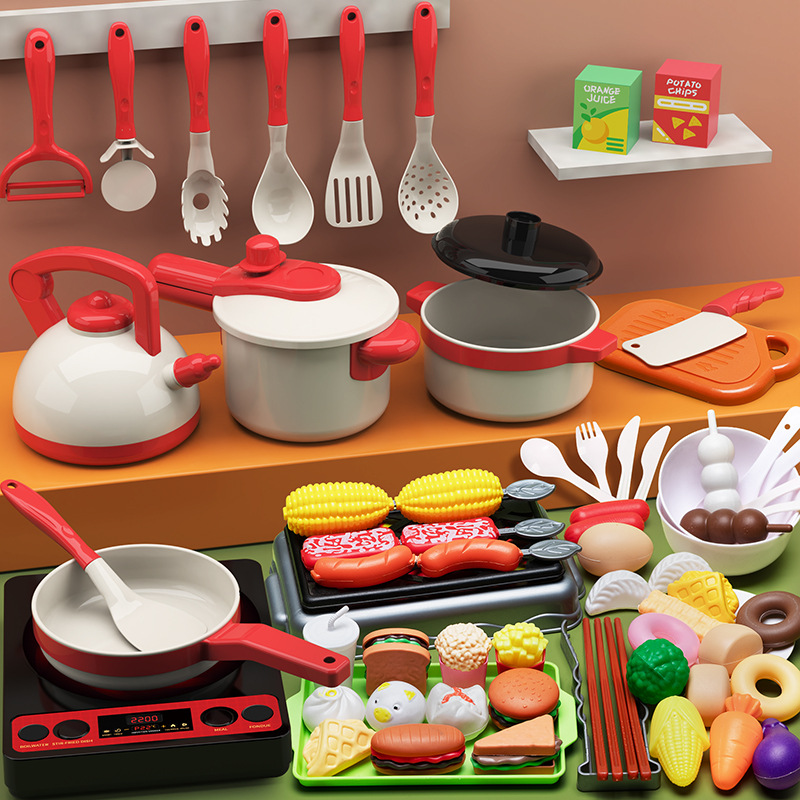 Children's Pretend Play Kitchen Toy Set for Cooking, Fruit Cutting, Boys and Girls Kitchenware, Realistic Kitchen Toys