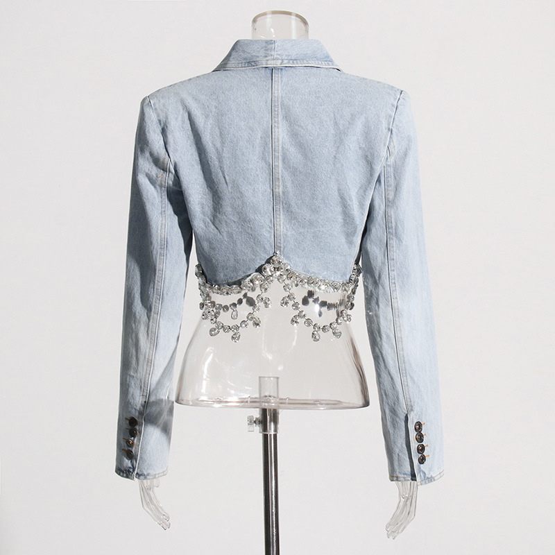 Personality Short Cropped Outfit Slimming Denim Top Hip Wrapped Skirt Diamond Embedded Denim Suit Women