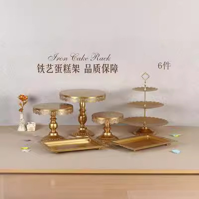 Decoración de mesa de postres de boda de oro, estante de pastel europeo, propósitos de boda, bandeja de pastel de encaje, estante de refrigerio de hierro forjado, 12 juegos