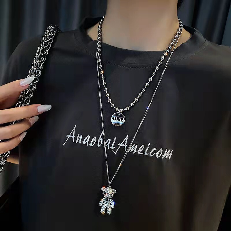 Sweatshirt Chain Full of Diamonds Double-Layered Bear High-End Sweater Necklace Niche Rhinestone Hip-Hop Trendy Stacking Popular Autumn and Winter Flash Diamond