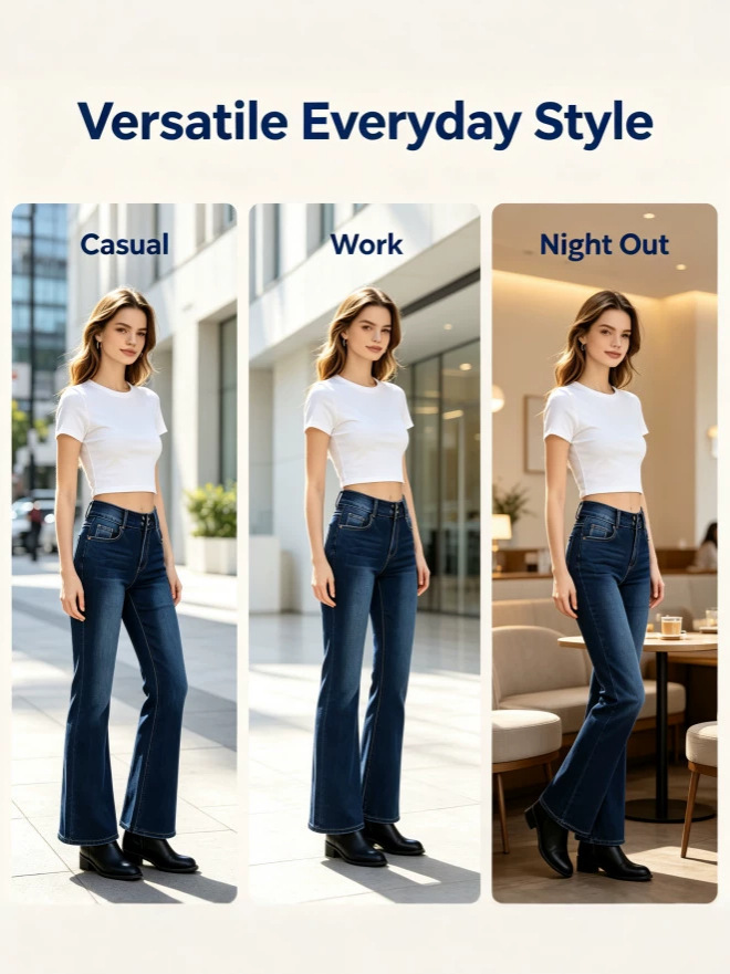 Jeans Acampanados de Tiro Alto para Mujer de Mezclilla Elástica, Ligeramente Elásticos, para Uso Diario