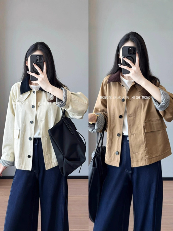 小禾+轻奢质感！灯芯绒翻领高支棉格纹内里长袖风衣外套女早秋|undefined