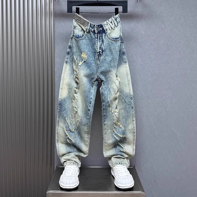 Men's new trendy American-style light blue curved hem jeans, loose wide-leg ripped straight vintage washed pants