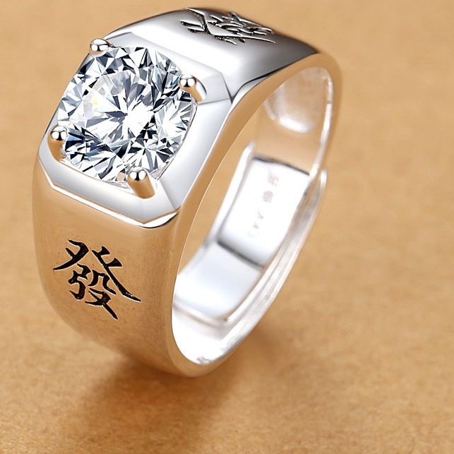 99 Pure Silver Inlaid Zircon Men's Ring Wedding Ring Wedding Engagement Men's Ring Ring with Adjustable Opening