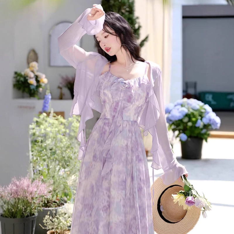 2026 New Style Ruffled Purple Floral Suspender Dress for Women, Unique and Beautiful Summer Waist-Cinching Long Dress Set 2026 New Style Ruffled Purple Floral Suspender Dress for Women, Unique and Beautiful Summer Waist-Cinching Long Dress Set