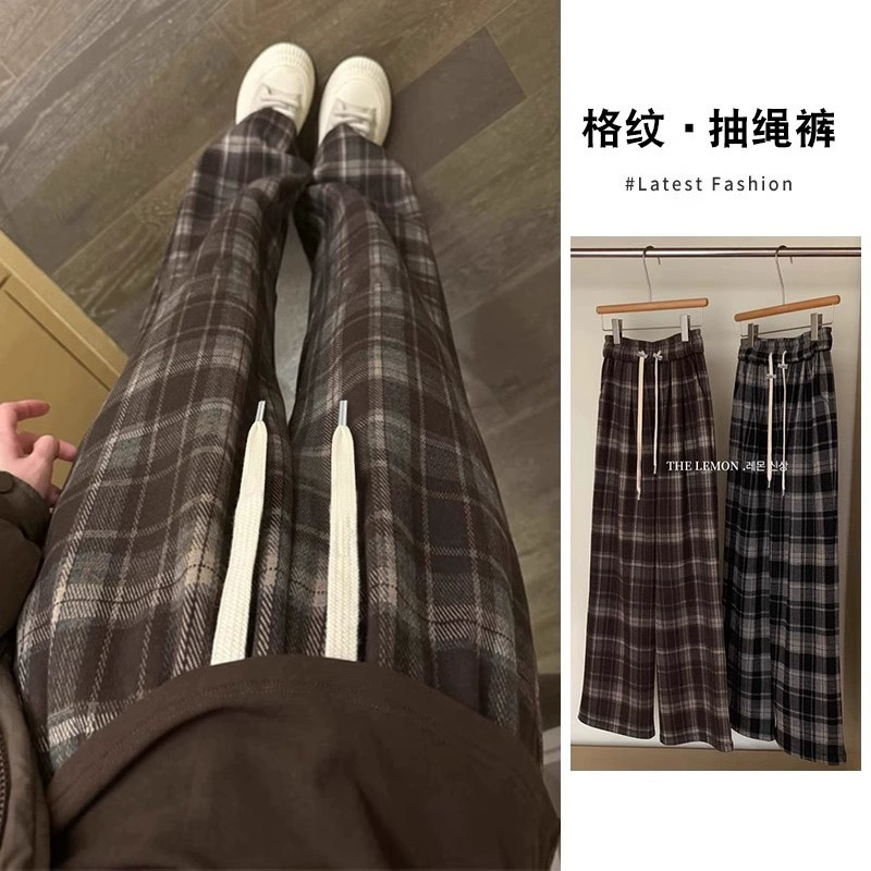 Беременные брюки в клетку женские весенне-осенний внешний вид 2024 новые ретро повседневные шерстяные широкие брюки весенние прямые брюки