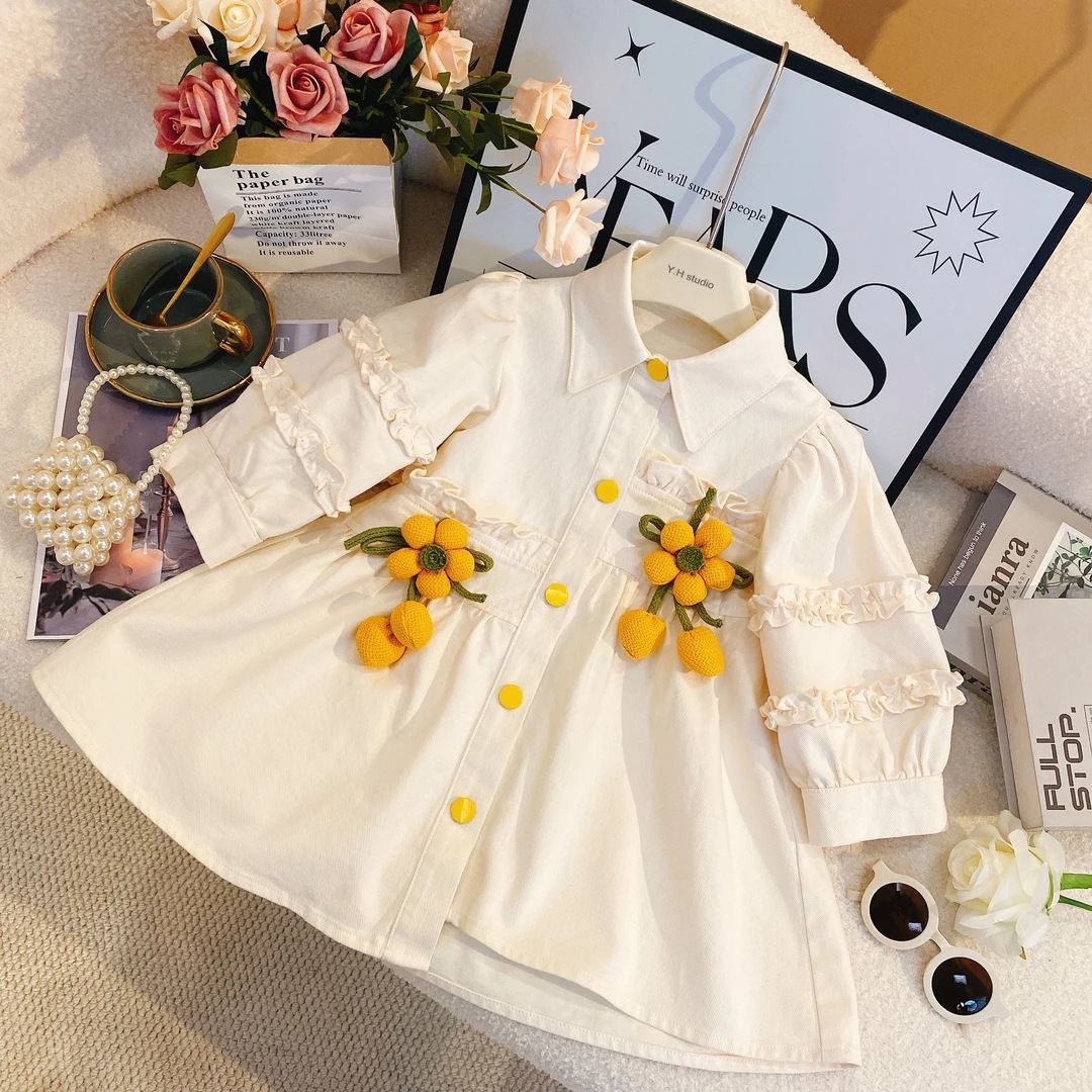 Vestido camisero de flores para niñas, ropa de primavera y otoño 2025, vestido de solapa de manga abullonada coreana para niños, vestido de princesa