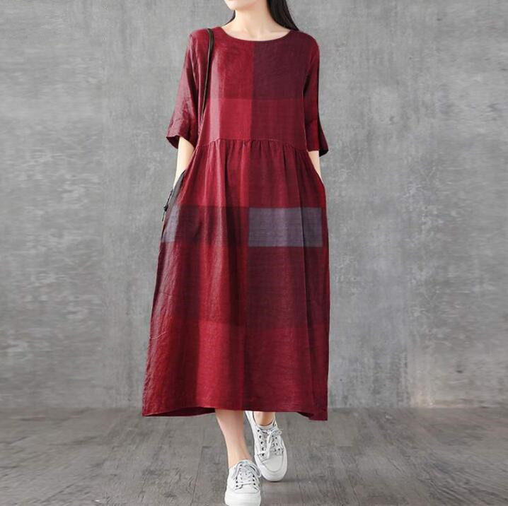 In stock new Amazon AliExpress cotton thin loose round neck casual mid-length plaid dress