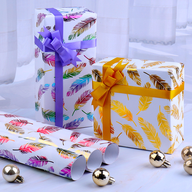 Colorido dorado recubierto de papel de regalo de vacaciones papel de regalo fábrica al por mayor pluma cumpleaños Día de San Valentín papel de regalo