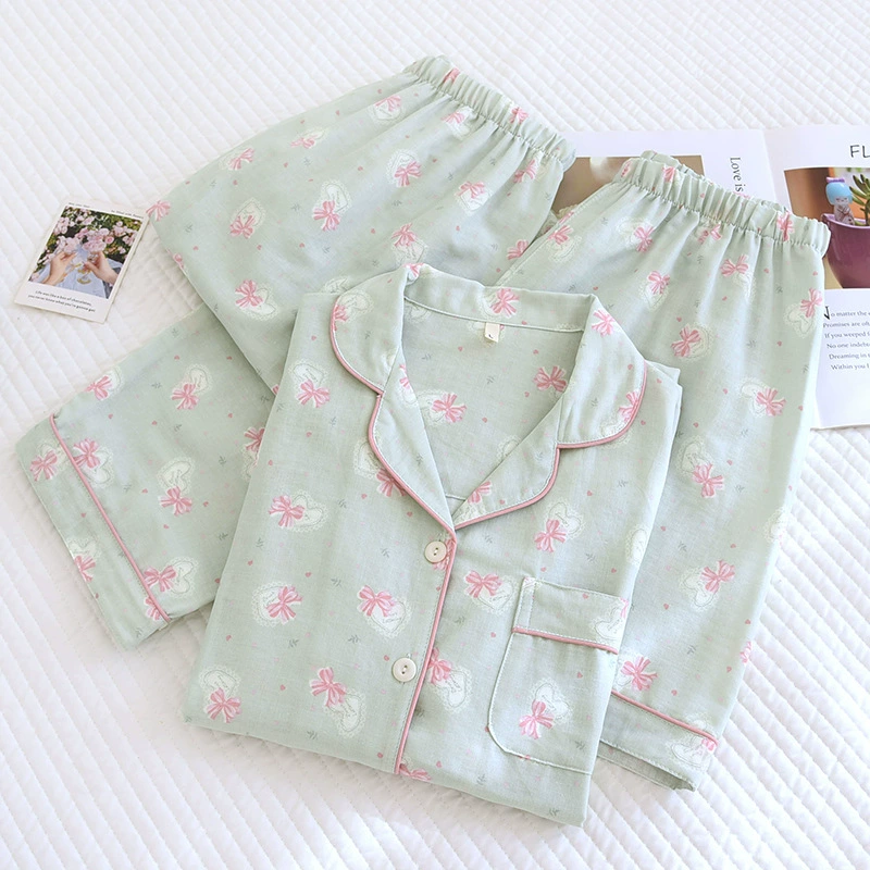 Cotton pijama, gauze summer set, fresh shorts, trousers, 3 piece set, with short sleeve