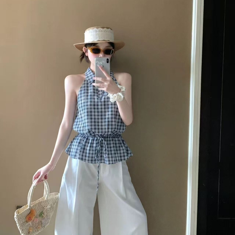 Blue Plaid Lapel Sleeveless Camisole for Women, Summer Sweet and Fashionable Outfit with Drawstring Waist for a Slimming Effect