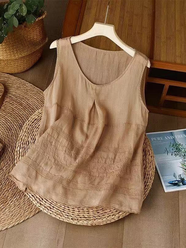 夏の女性用コットンとリネンの刺繍入りキャミソール、スリムなノースリーブのアウターウェアとインナーウェア、大きいサイズのコットンとリネンのボトムシャツトップ|undefined
