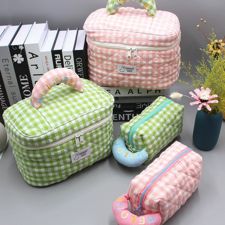 Cosmetic Bag Slim Checkered Organizer, Polyester, Large 25×16×17 cm & Small Pencil Case