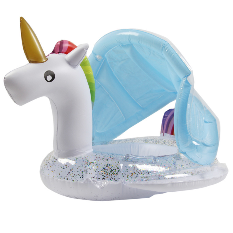 新品ins带遮阳蓬儿童宝宝独角兽泳圈亮片玫瑰金火烈鸟座圈游泳圈|ms