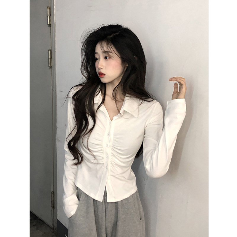 2024 spring new women's clothing design pleated long-sleeved T-shirt Slim slimming lapel pure desire style bottoming top