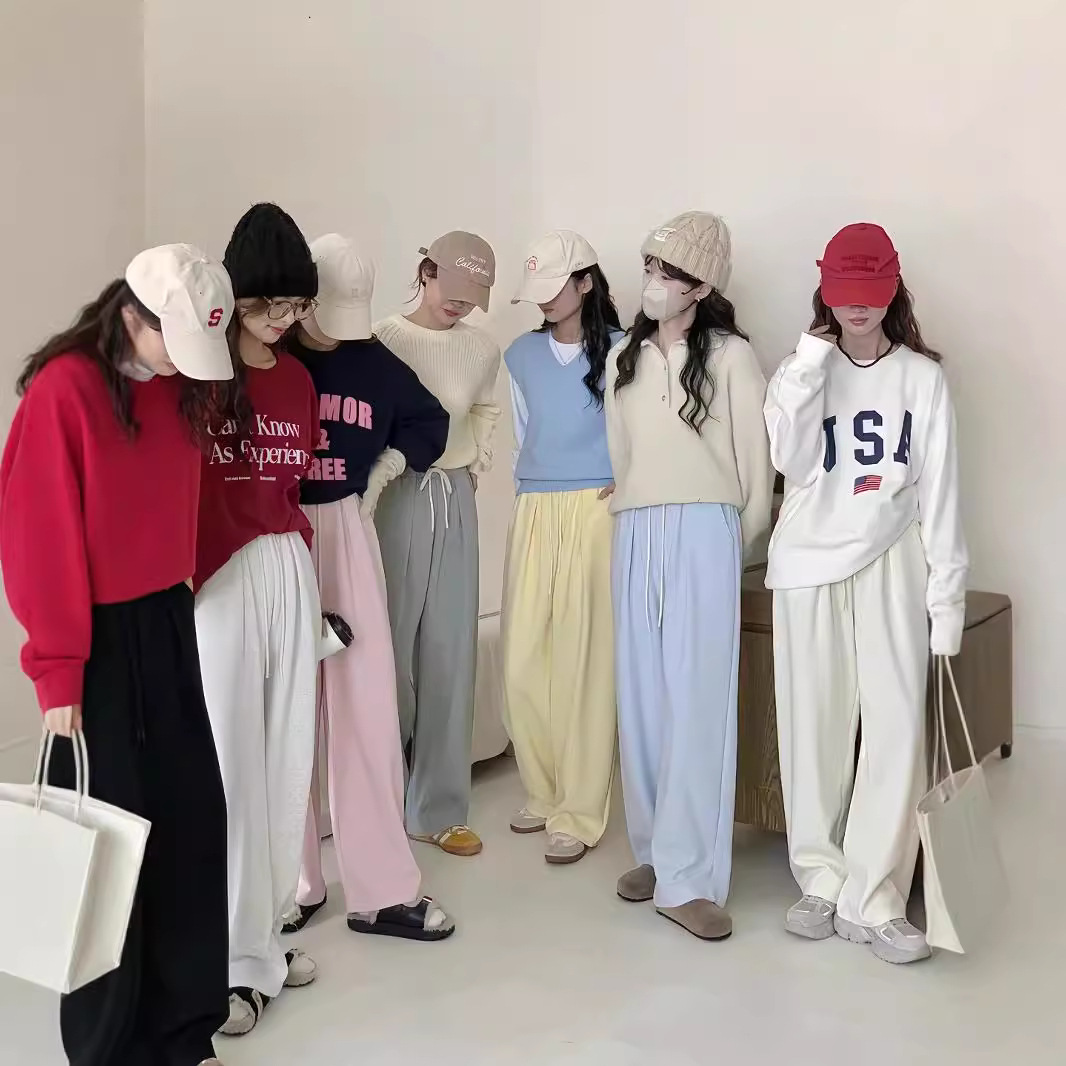 Nuevo estilo coreano de principios de otoño pantalones de piernas anchas rectas para mujeres pantalones deportivos casuales de color macaron sueltos pantalones de algodón largos