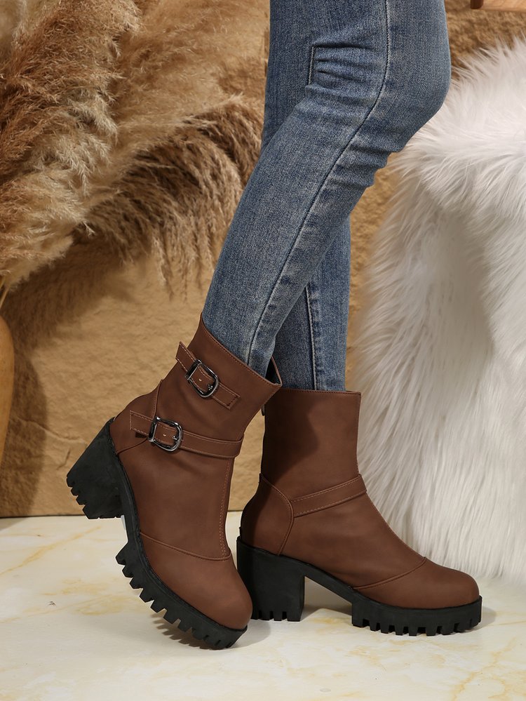 Big size thick heel boots women's autumn and winter fashion belt buckle explosive short boots cotton boots fashion boots_voghion.com
