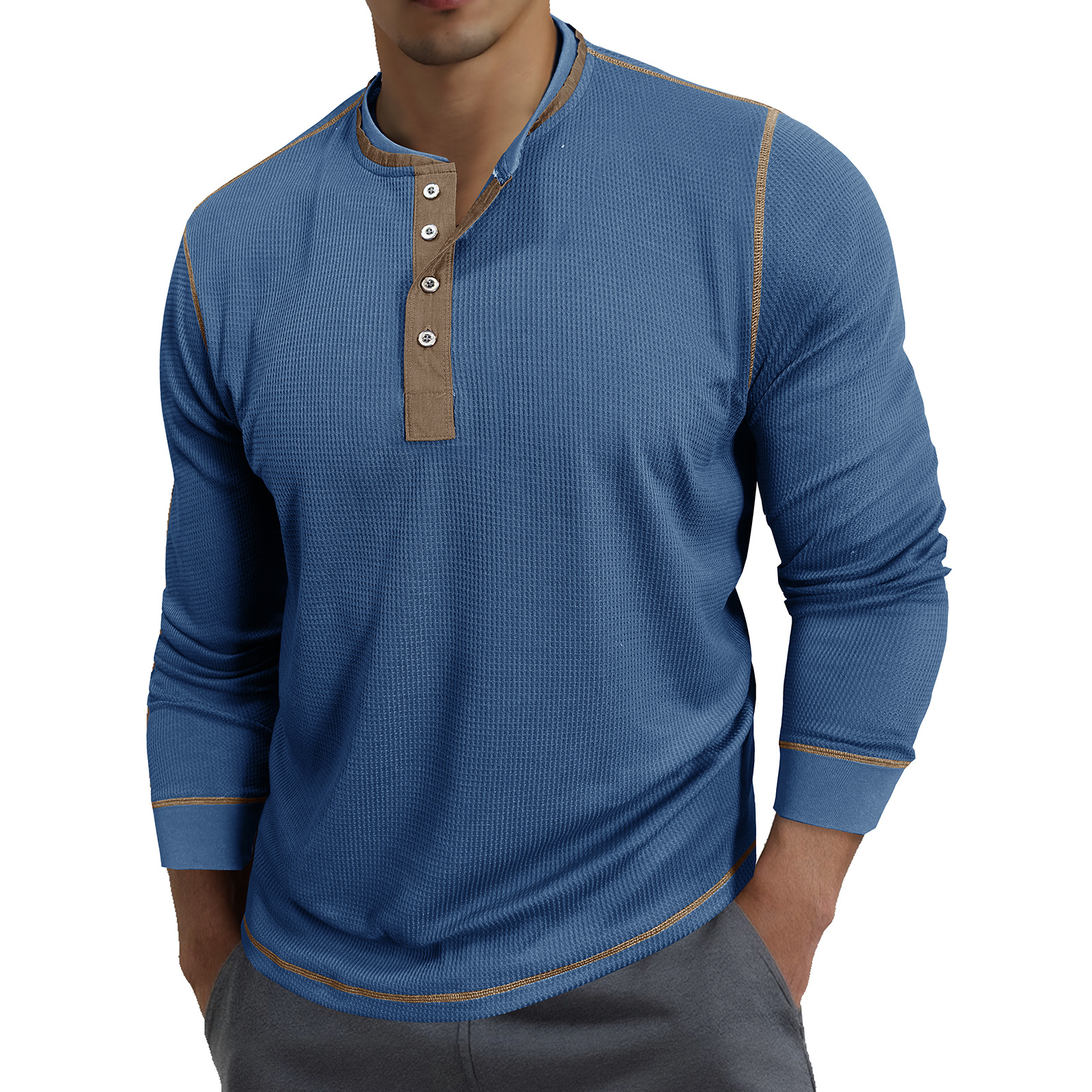 K Men's Round Neck Contrasting Long Sleeved Polo Shirt T-shirt Sweatshirt Retro Base Henley Collar Top_viptrois.com