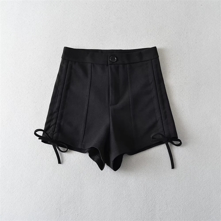 drawstring high waist slim solid color shorts NSFH130569