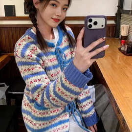 费尔岛温柔风    秋冬新款重工嵌花针织开衫女复古拼色毛衣外套潮
