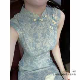 新中式雾霾蓝色无袖旗袍女夏2026新款改良复古气质连衣裙日常可穿