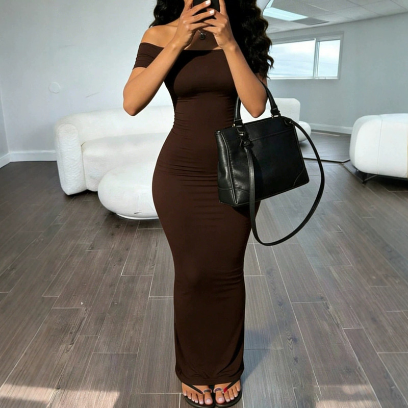 G26D436 Spring and Summer New Style Off-The-Shoulder One-Line Neckline Dress European and American Cross-Border Sexy and Elegant Long Dress Evening Gown