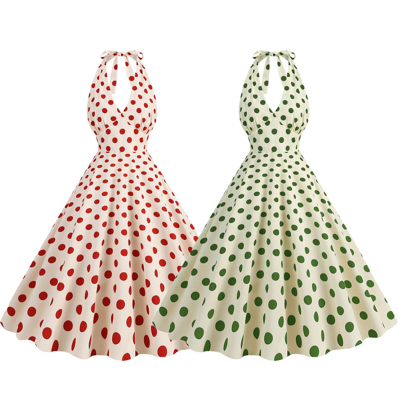 L cross-border foreign trade hot selling women's clothing summer European and American Hepburn style retro halter polka dot print large swing dress L cross-border foreign trade hot selling women's clothing summer European and American Hepburn style retro halter polka dot print large swing dress