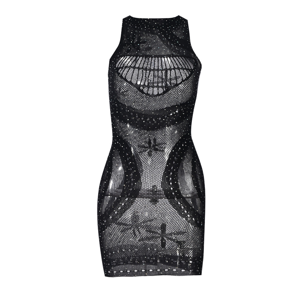 Women Clothing Summer Rhinestone Hollow Out Cutout Sleeveless One Dress Women