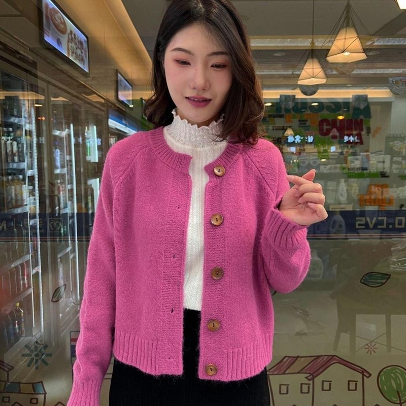 韩版设计感纯色简约圆领针织开衫女秋冬慵懒风宽松软糯毛衣外套女|undefined