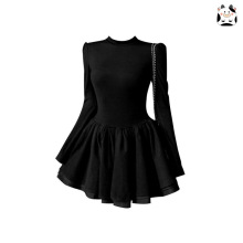 千金名媛风半高领长袖连衣裙女秋冬气质收腰蓬蓬短裙子字小黑裙