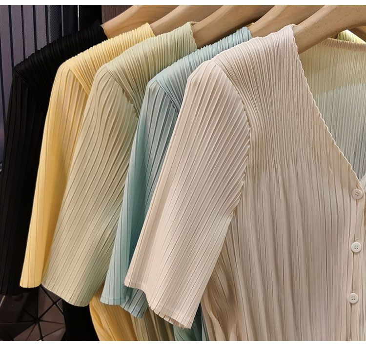 Áo cardigan cổ chữ V tay ngắn nữ phối nút đơn chất liệu mỏng mùa xuân hè — Màu xanh lục nhạt, Màu đen, Màu tím nhạt, Màu hồng chi tiết 19