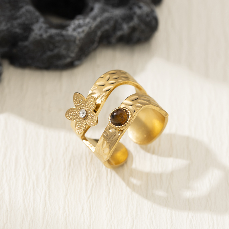 Anillo de acero inoxidable de zircón de ojo de tigre transfronterizo con flores dobles superpuestas, anillos de pulsera de alta calidad