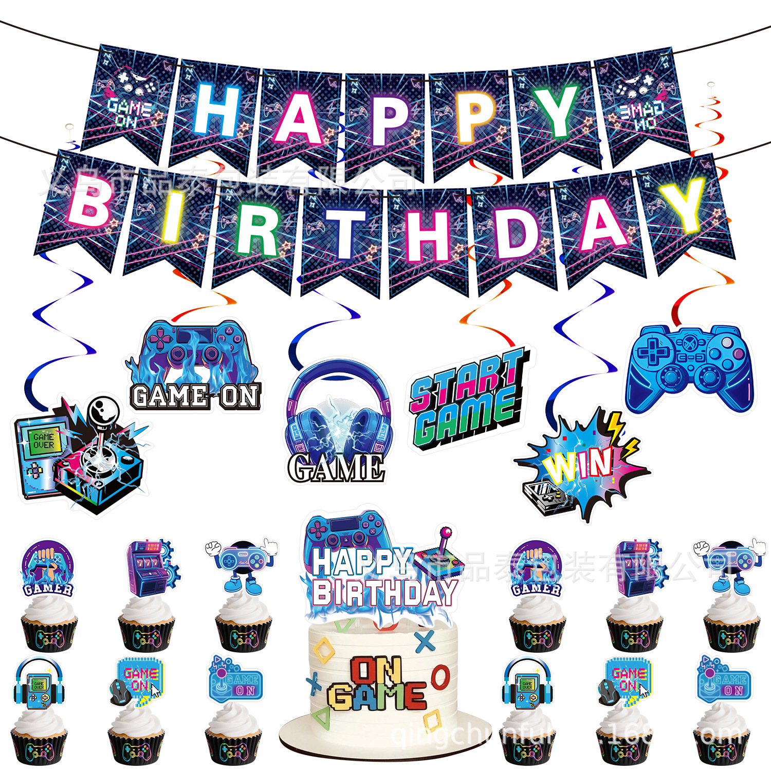 Cross-Border Neon Game Theme Birthday Cake Party Decoration Pendant Flag Pendant Plug-In Arrangement Supplies Set