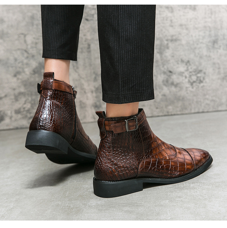 Men's Shoes Autumn And Winter Large Size Crocodile Pattern Short Boots Men's Business Solid Color Leather Boots Black High Top Leather_voghion.com