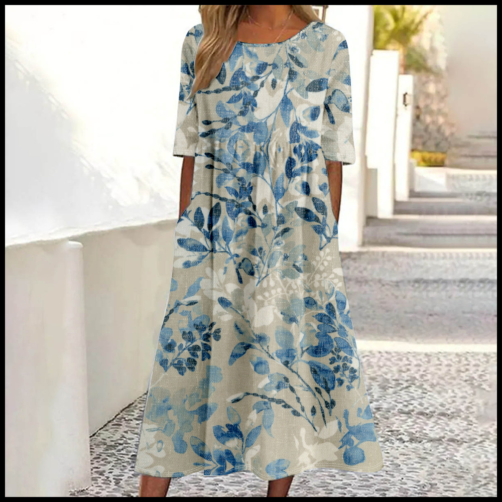 Women's Mid-Waist Summer Casual Round Neck Printed Flared Dress_ecoleips.com