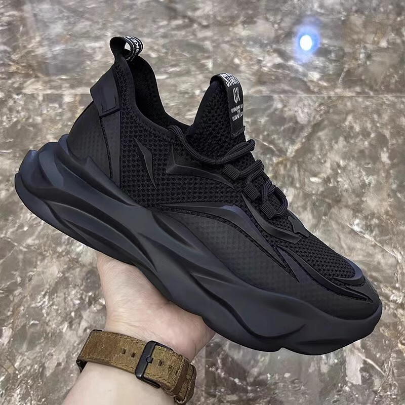 Putian pure black men's shoes breathable flying woven sports mesh shoes men's inner height increasing autumn Daddy fashion shoes cross-border foreign trade