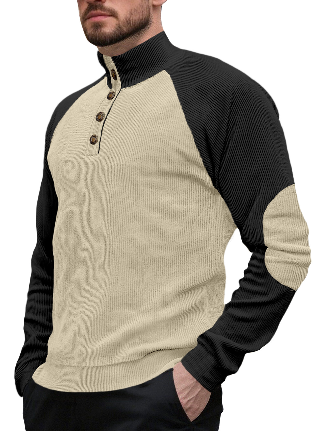 Nuevo transfronterizo de tamaño europeo primavera y otoño nuevo hombre al aire libre manga de hombro cuello de pie casual suelta camiseta de cameltoe de manga larga