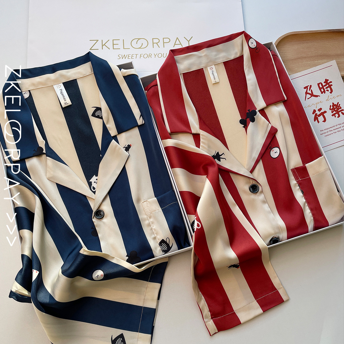 2026 Spring New Ice Silk Couple Pajamas Women's High-End Striped Christmas New Year Red Silk Homewear Men's